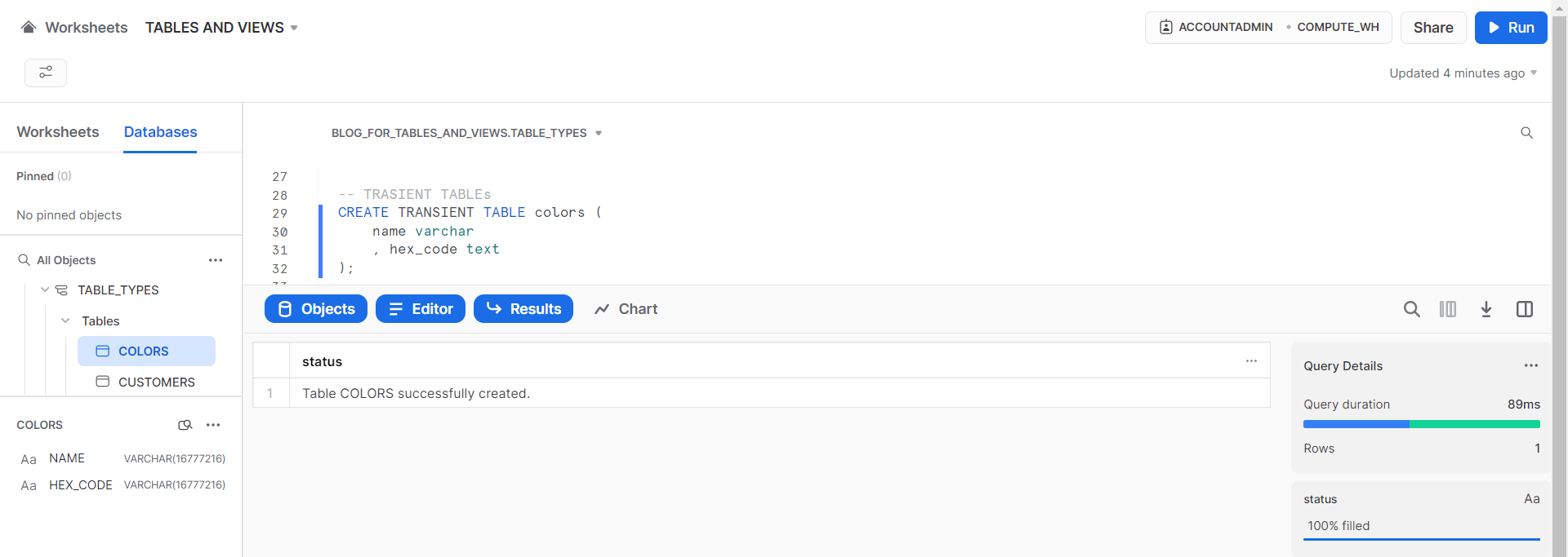 Creating Snowflake Table - type: Transiet Table