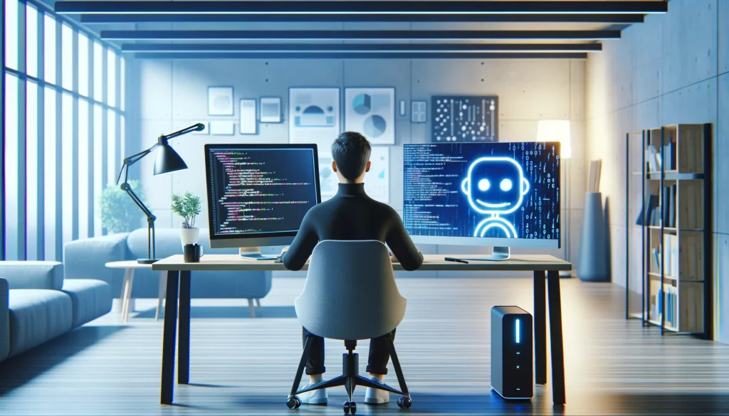 The image shows a coder in an office, captured from behind. the re are two screens on his desk. One screen displays code, the other displays a cartoonized bot.