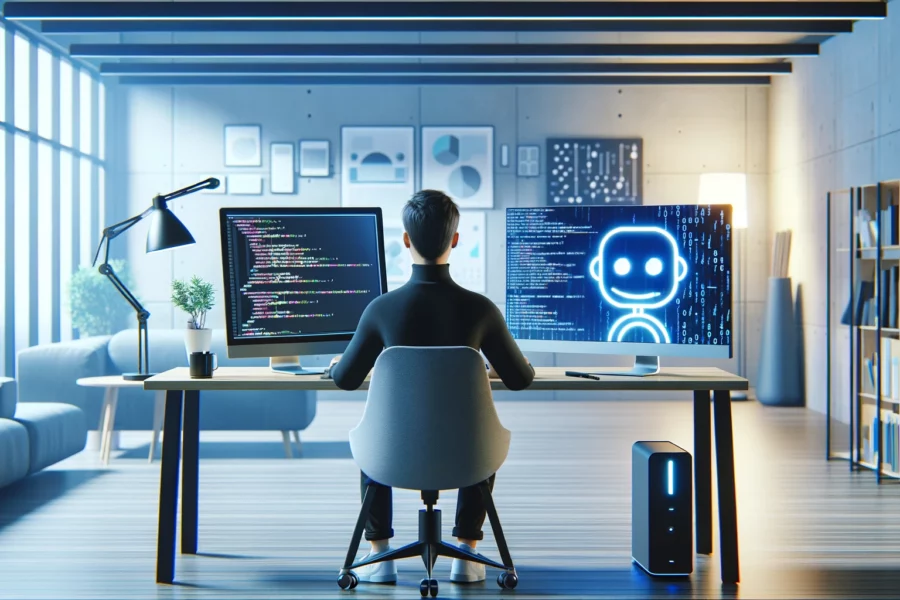 The image shows a coder in an office, captured from behind. the re are two screens on his desk. One screen displays code, the other displays a cartoonized bot.