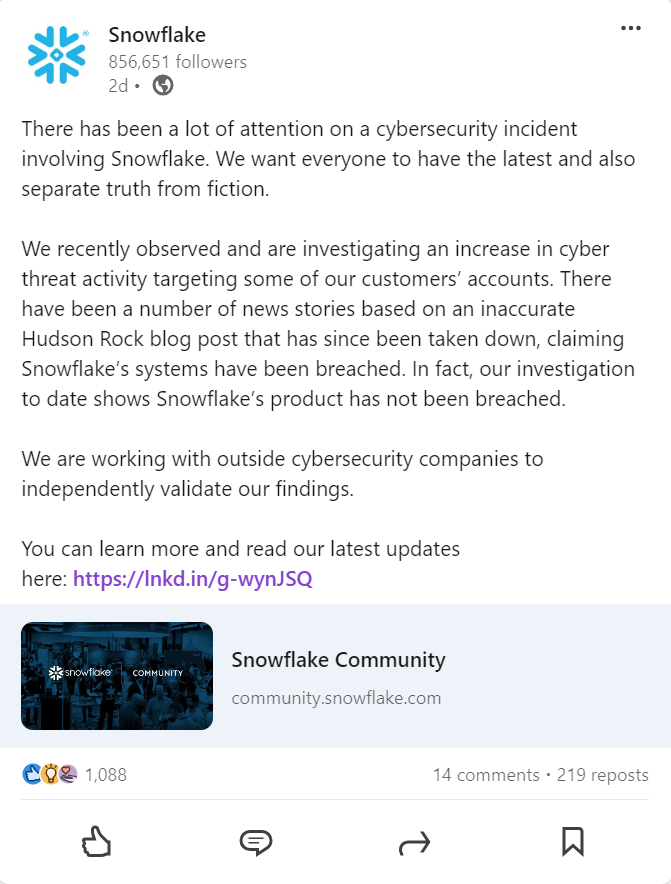 Snowflake LinkedIn post about data breach